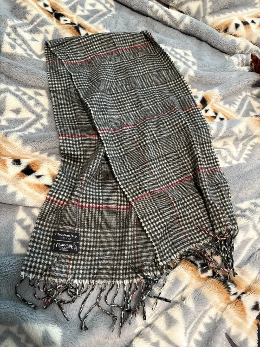 Dior Plaid Cashmere Blend Scarf in Gray with Red Stripes